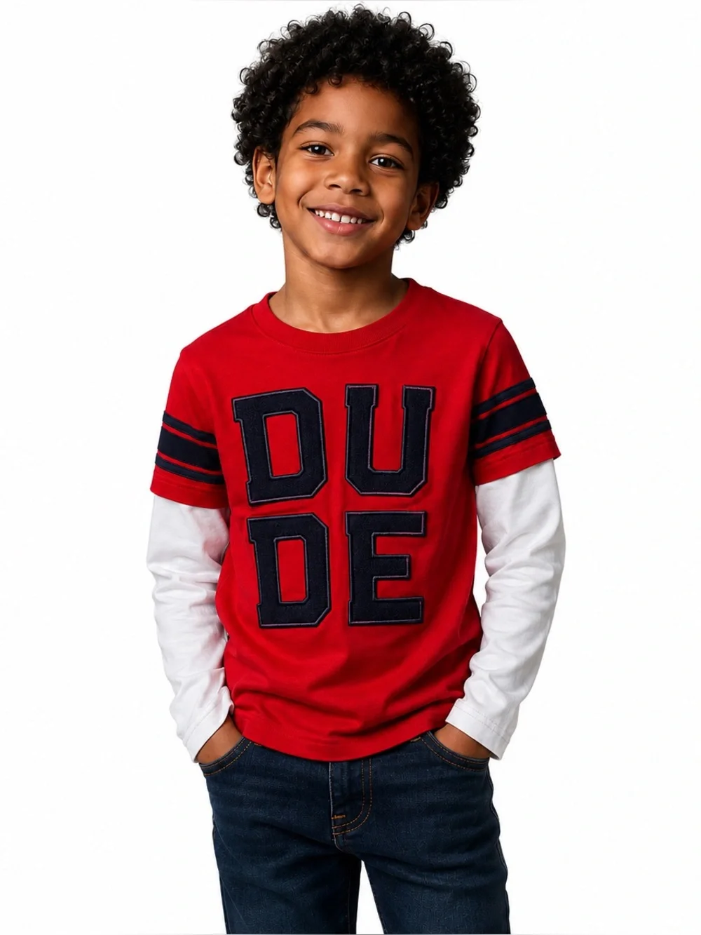 CARTER’S Boys Shirt 100% Cotton Red White DUDE Layer look Long Sleeve Size 6